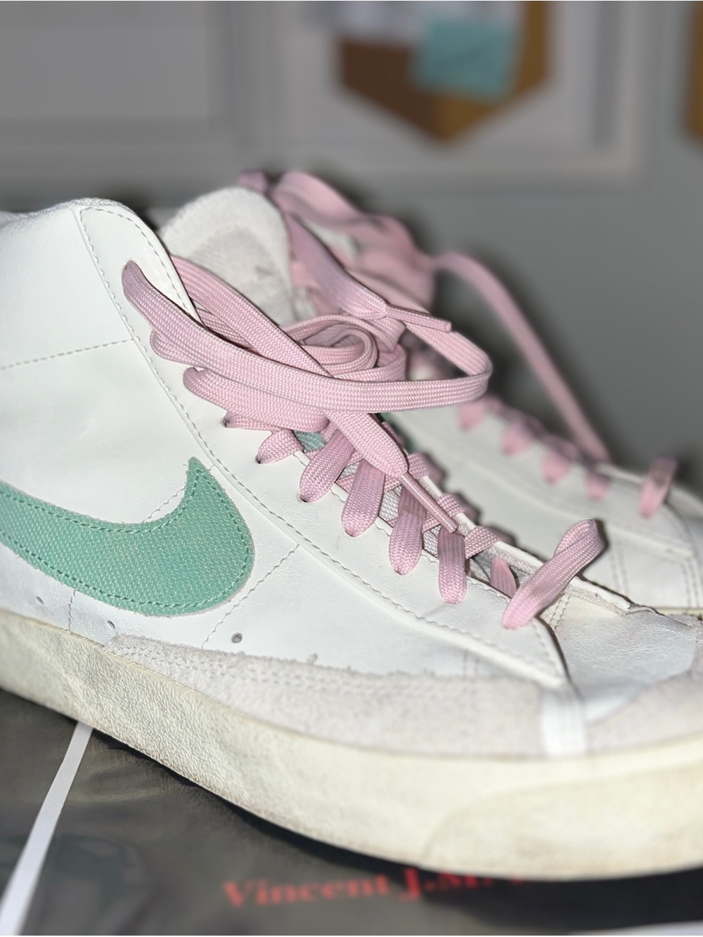 Nike White High-Top Sneakers with Pink Laces and Mint Swoosh